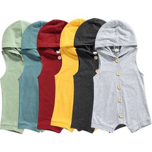 Baby Clothes Girls Boys Romper Infant Summer Simple Style Solid Color Hooded Sleeveless Button Jumpsuit Childrens Clothing Set