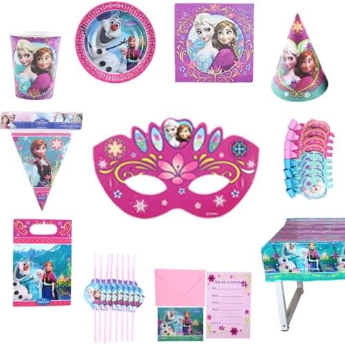 Disney Frozen Anna and Elsa Princess Party Supplies Happy Girls Birthday Party Decoration Party Supplies Cup Plate Banner Straw