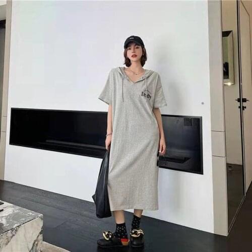 Extra-Large Summer V-Neck Hooded Short-Sleeved T-Shirt Slimming Over-The-Knee Dress Top
