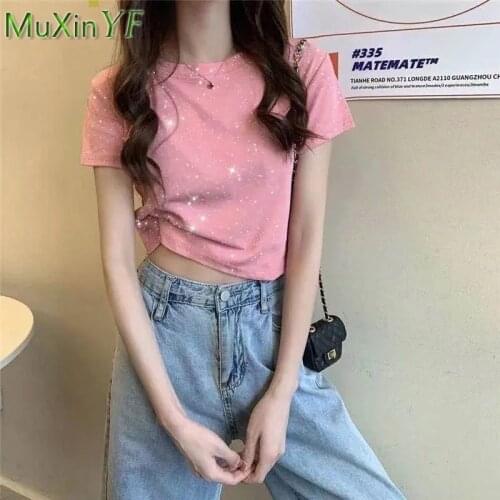 Womens Summer Short T-Shirt 2021 Korean Girls Student Leisure O-Neck Pink Tops Lades Fashion Creative Trendy Purple Pullover