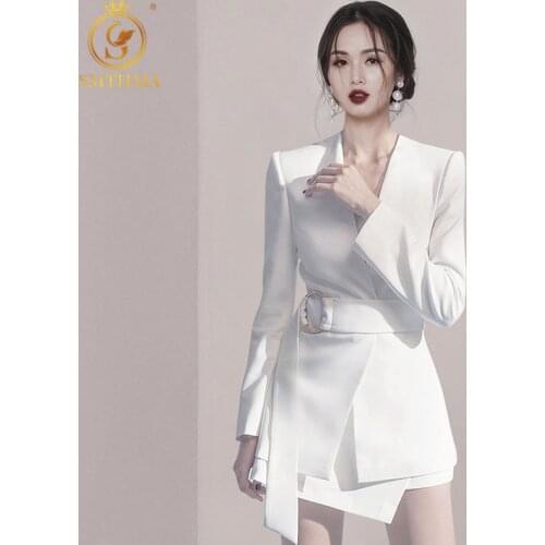 Women New Spring And Autumn Fashion Temperament With Belt Waist White Suit Jacket + Asymmetrical Two-Piece Female Skirt Sets