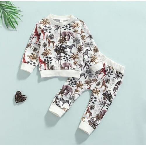 2 Pieces Infant Baby Boy Clothes Suit New Fashion Toddler Forest Animal Printing Long Sleeve Trousers Clothes Set