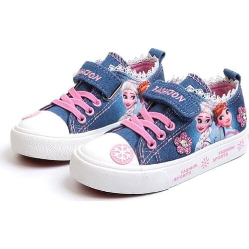 Disney Children Sneaker Spring Autumn Kids Casual Shoes For Girls Canvas Shoes Low Cut Cartoon Baby Denim Shoes Elsa Anna 26-37