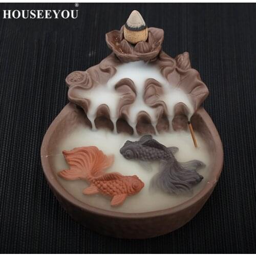 HOUSEEYOU 2 Lucky Fishes Backflow Incense Burner Cone Incense Censer Ceramic Aroma Burner Home Decoration Buddha Incense Burner