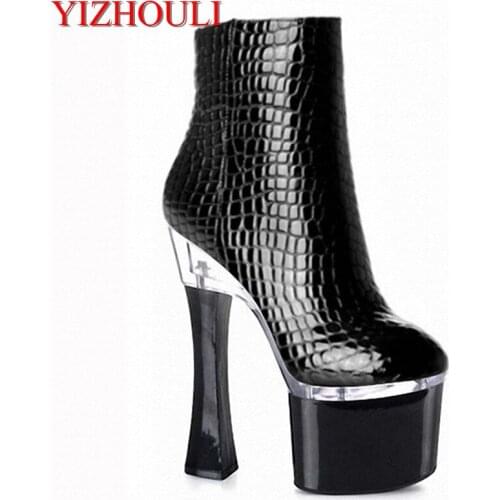Fashion womens 17-18 cm thick soles, spring and autumn high heels 7-8 inches serpentine upper, square ankle boots