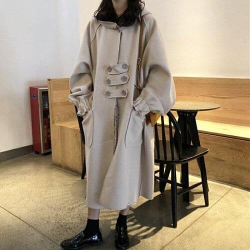 Autumn And Winter Womens Coat Korean Long Loose Hooded Solid Artificial Wool Jacket Elegant Wool Blends Trench Overcoat Female