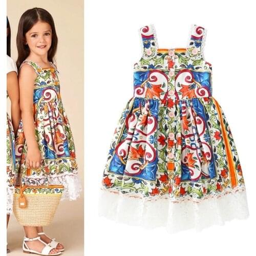 Girl Dresses 3-10Y Kids Lace Sling Dress Floral Print A line Princess Dress Summer Fashion Clothes Kids Party Dresses For Girls