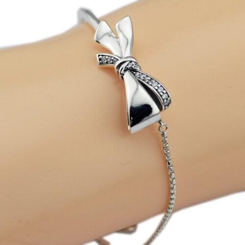 Clear CZ Brilliant Bow Women Bracelets Original 925 Sterling Silver Bracelets for Women Charm Jewelry Crystal Chain Bracelets