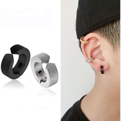 Punk Mens Personality 316L Titanium Steel Scrub Earrings Ear Clip Non Piercing Earrings Fake Earrings Round Earring Rock Style