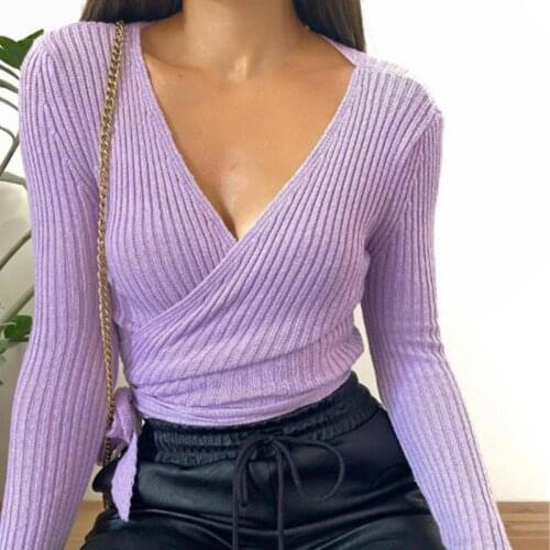 2021 Sexy Women Sweater Ribbing V Neck Autumn Winter Long Sleeve Bandage Knitted Top Slim Ribbed Knitwear Pullovers Streetwear