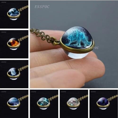 Vintage Wolf Pattern Jewelry Howling Wolf Glass Double Side Ball Bronze Chain Pendant Necklace for Gifts