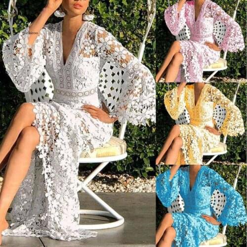 Women Dresses Lace Dress Flare Sleeve V-Neck Hollow Out Long Sleeve White Plus Size Sexy Long Dresses Fengguilai Party Evening