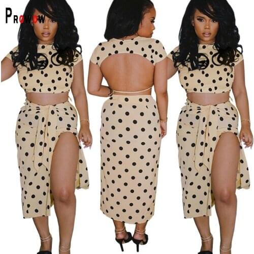 Prowow Dot Women Clothing Set Sexy Backless Shirt Side Split Maxi Skirt Two Peice Suits for Lady 2021 New Summer Female Outfits