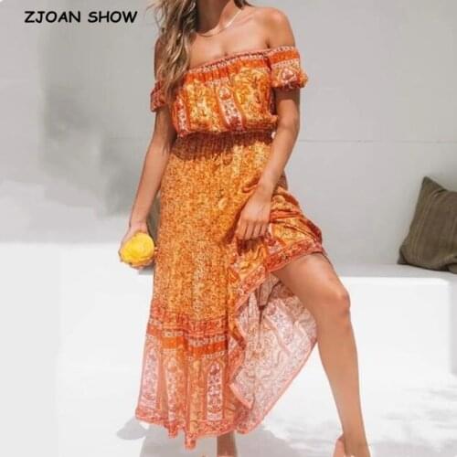 2020 Bohemian Slash Shoulder Floral print BOHO Dress Holiday Woman Adjust Waist Short Sleeve off Shoulder Long Dresses Orange