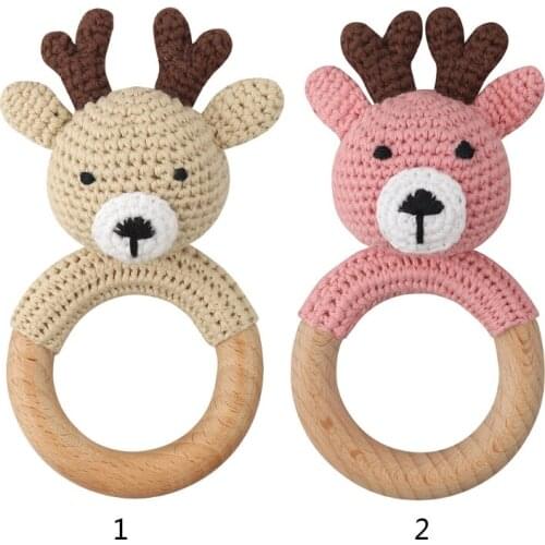 Baby Rattle Crochet Deer Design Soft Baby Safety Wood Teether 1 Pc P31B