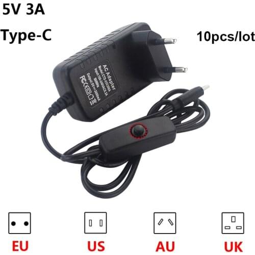 10 PCS 5V 3A Power Adapter Type C Power Supply with NO/OFF Switch Button AC 100-240V USB DC Charger for Raspberry Pi 4 Model B