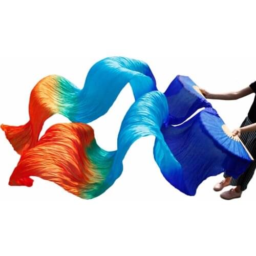 100% Natural Silk Bamboo Ribs Long Silk Fans Belly Dance Fans Stage Dance Performance Royal blue+Turquoise+Green+Orange 180x90cm