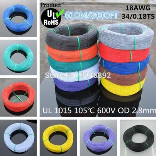 610Meters 2000FT Flexible Stranded 18AWG UL1015 Diameter 2.8mm 105 degree 600V Electronic Wire Conductor 10 Colors to Select