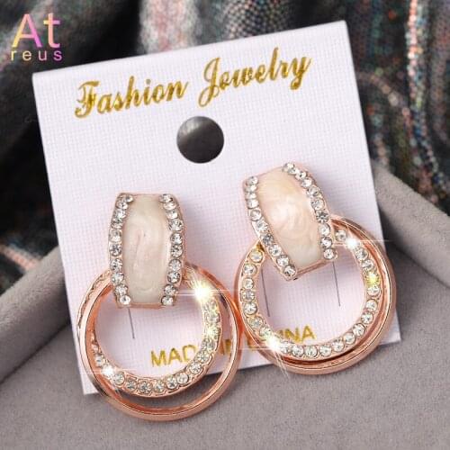 Shiny Bling Crystal Circle Stud Earrings 3 Color Classic Enamel Woman OL Lady Party Wedding Jewelry Earrings Korean brincos