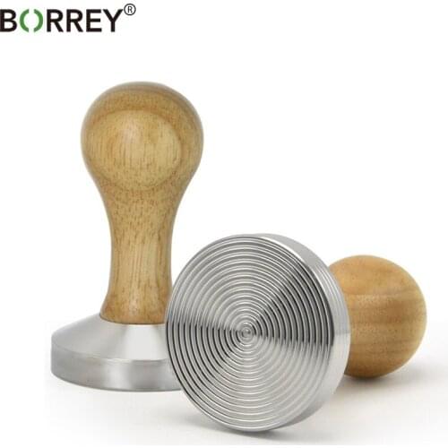 BORREY Espresso Coffee Tamper 58mm Stainless Steel Coffee Tamper Stand With Solid Wood Handle Coffee Powder Hammer Flat Ripple