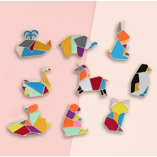 Origami Animal Brooches For Women Colorful Metal Pin Elephant Cat Rabbit Goose Whale Horse Bear Lapel Pins Kids Cartoon Badge