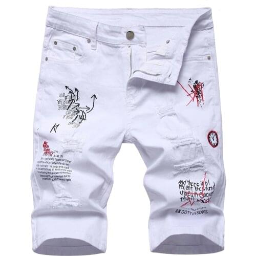 New Mens Fashion Causal Male Letters Printed Embroider Denim Shorts Summer Holes Ripped Jeans Slim Stretch Breeches Black White