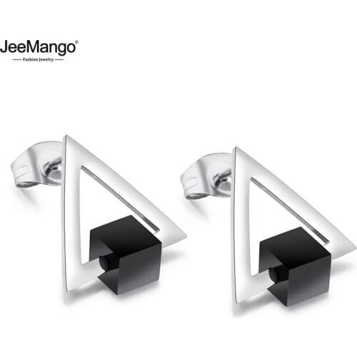 JeeMango New Rotating Black Square Triangle Earrings Jewelry Titanium Steel Anti-allergic Earrings For Women Oorbellen JE17081
