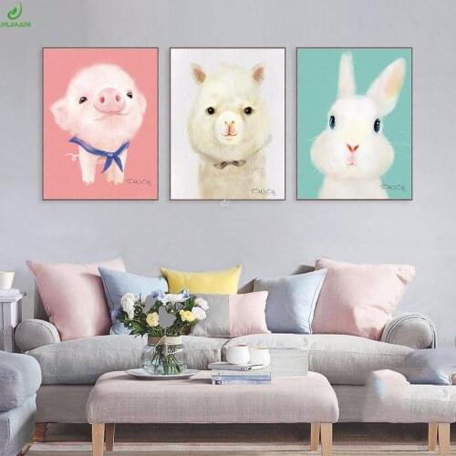 JHLJIAJUN Cartoon Pig Sheep Rabbit Animal Modern Canvas Painting For Children Bedroom Kid Room Decor Home Wall Art Poster