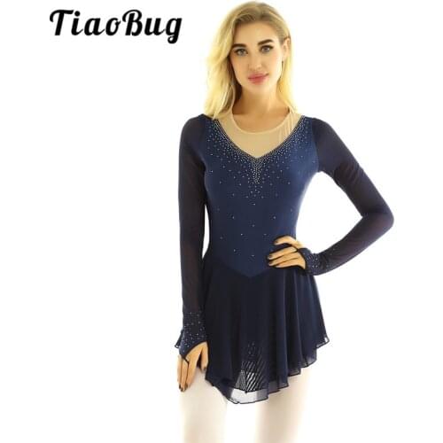 TiaoBug Women Long Sleeves Shiny Rhinestones Figure Skating Dress Gymnastics Leotard Stage Performance Ballet Dance Costume