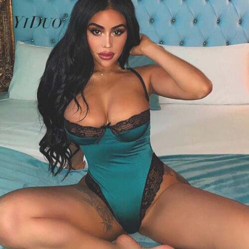 YiDuo Lace Patchwork Satin Bodysuit Sexy Backless Jumpsuit Skinny Women Tops Body One Piece Fashion Club Party Bodysuits Green