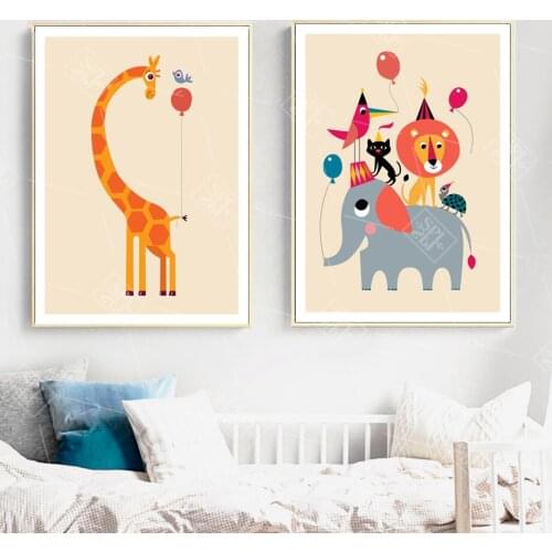 Cartoon Lion Giraffe Elephant Balloon Nordic Posters And Prints Wall Art Canvas Painting Wall Pictures For Kids Baby Room Decor