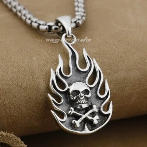LINSION 925 Sterling Silver Fire Skull Bone Mens Biker Rocker Punk Pendant 9E016