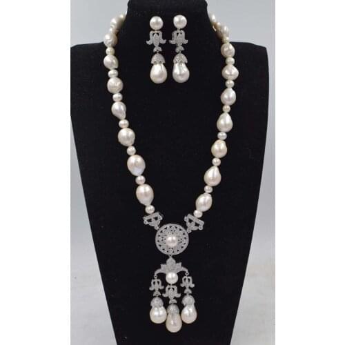 ONE SET freshwater pearl white drop baroque reborn keshi necklace earrings +zircon pendant and nature wholesale FPPJ 19inch