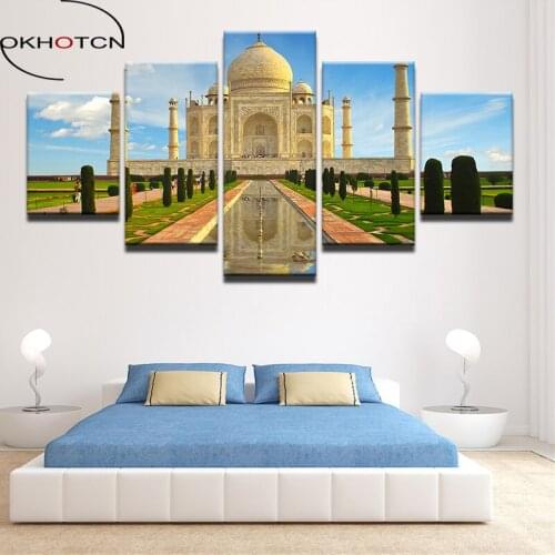 OKHOTCN 5 Panel Taj Mahal Landscape Picture Painting On The Canvas For Living Room Decoration Print River Palaces Framed Posters