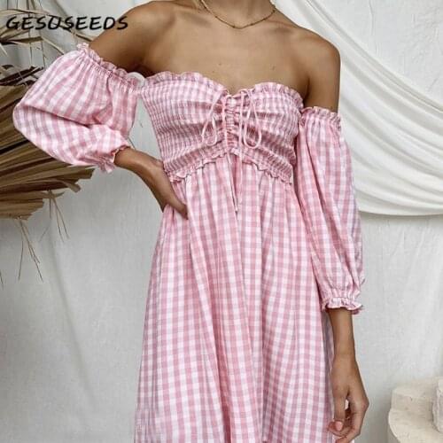 Woman dress sexy off shoulder dresses summer plaid dress korean midi dress pink ruffle dresses casual drawstring dresses women