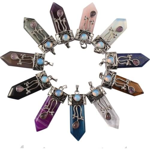 KFT Natural Healing Crystal Quartz Labradorite Lapis Lazuli Tiger Eye Stone Flower Sword Reiki Pendant Jewelry For Women Men