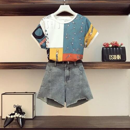 Plus Size 2021 Summer Women 2 Piece Set Casual Solid Tops Cartoon T-shirt+Wide Leg Shorts fashion Lady Suit Two pieces Set 4XL