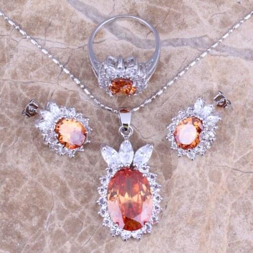 Champagne Morganite White CZ Silver Plated Jewelry Sets Earrings Pendant Ring Size 5.5 / 6 / 7 / 8 / 8.5 / 9 S0412