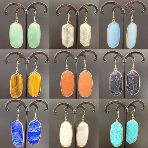 Large Size Rhombus 22x43 mm Natural Stone Amethyst Opal Rose Quartz Geometric Dangle Earrings