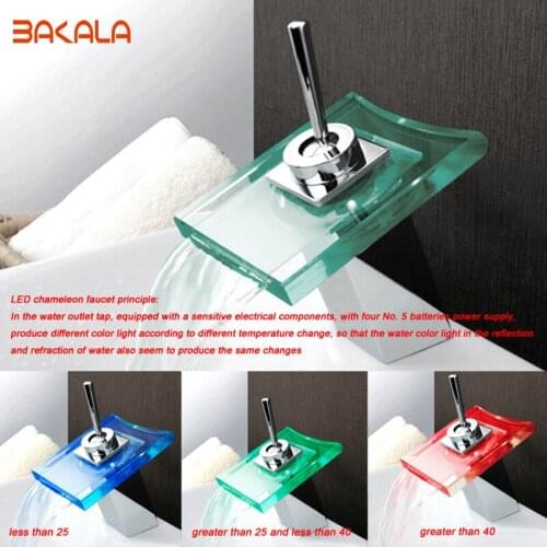 LED Faucet NEW Basin Waterfall Faucet 3 Colors LED Battery Power Bathroom Mixer Tap Sink Chrome LH-8067