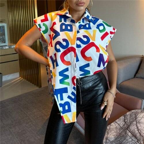 Letter Printed Women Blouse Shirt Turn-down Collar Sleeveless Casual Streetwear Ladies Tops Vest Y2K Loose Sexy Blouses Fashion