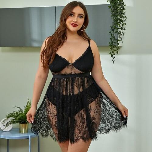 XL-4XL Women Nightgown Sexy Night Dress Sleepwear Transparent Pajamas With High Waist Panties Lace Robe Exotic Sleeping Dress
