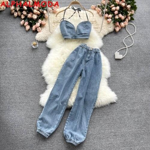 ALPHALMODA Style Suit Womens Retro Chic Sexy Suspender Top Pencil Jeans New Fashionable Two Piece Set Ladies Trendy Summer Suit
