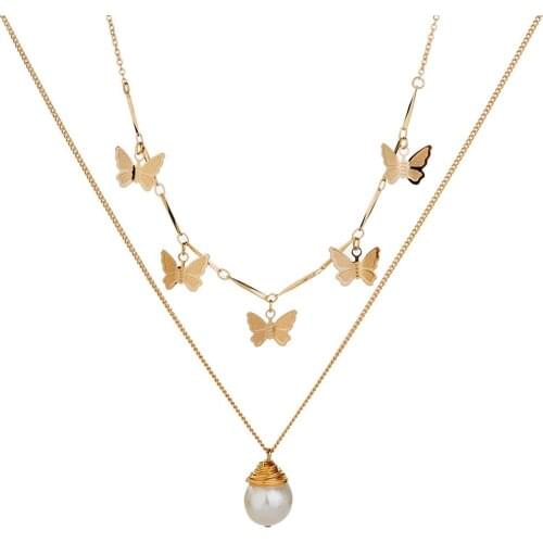 Women Multilayer Butterfly Faux Pearl Pendant Choker Chain Necklace Luxury Vintage Bohemian Party Jewelry Decor Accessory
