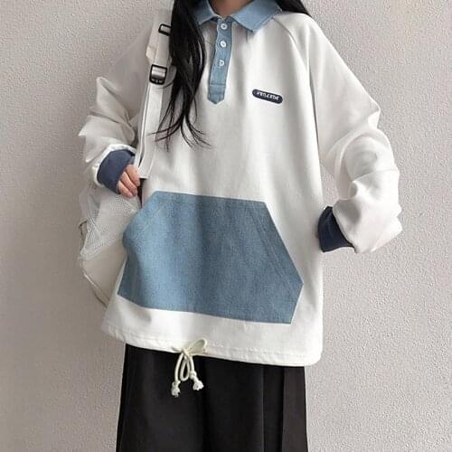 Japanese Polo Collar Pullover Female Bf College Style Denim Blue Stitching Sweatshirt Autumn New All-Match Loose Casual Coat Top