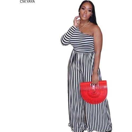 CM.YAYA Plus Size Striped Women One Shoulder Straight Loose Overalls Fitness Rompers Night Club Party Jumpsuits One Piece Outfit