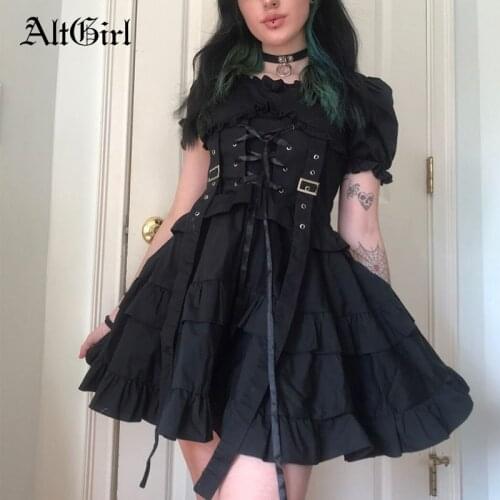 AltGirl Dark Gothic Croset Dress Women Harajuku Fairycore Puff Sleeve High Waist Bandage Dresses Mall Goth Punk Emo Alt Clothes