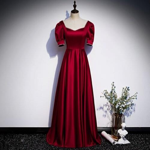 Burgundy Short Sleeves Evening Dress Square Collar A-Line Simple Pleat Floor-Length Elegant New Party Formal Dresses Woman B977