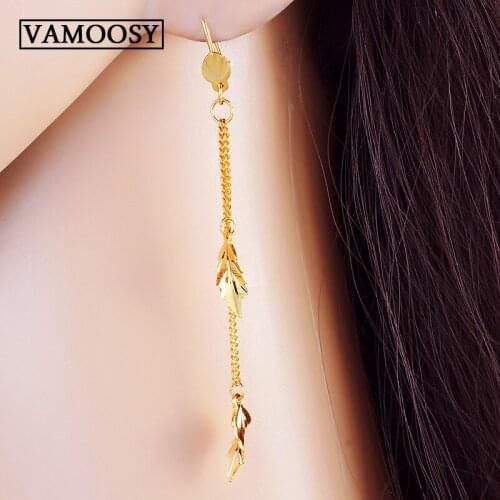 100% 24K Fine Earrings Chain Tassel leaf Dangle Ear Geometric Earrings Creative Earrings for Women Jewelry Decor oorbellen