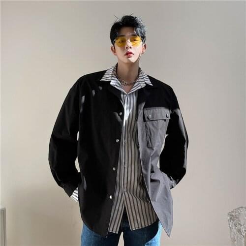 2021 Korean fashion streetwear trend fake two-piece shirt male high-quality striped stitching striped shirt Cardigan Outerwear